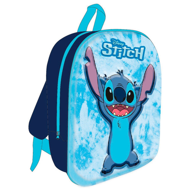 Sac à dos Disney Stitch 3D de 30cm vu de face avec le personnage Stitch en relief bleu vif