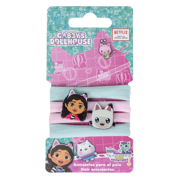Set de 4 chouchous colorés Gabby Doll House CERDÁ posés sur fond blanc, montrant leur design unique