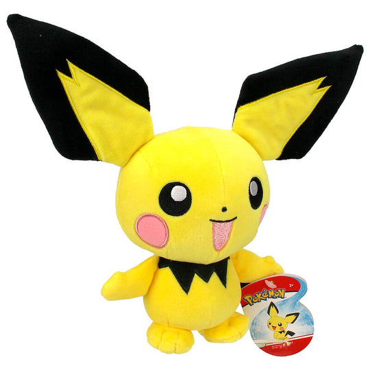 Peluche Pichu Pokémon 20cm vue de face avec détails du visage et couleurs vives