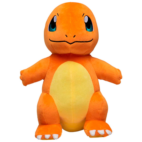 Peluche Salamèche Pokémon de 26 cm vue de face, avec ses couleurs vives et détails réalistes, signée JAZWARES.