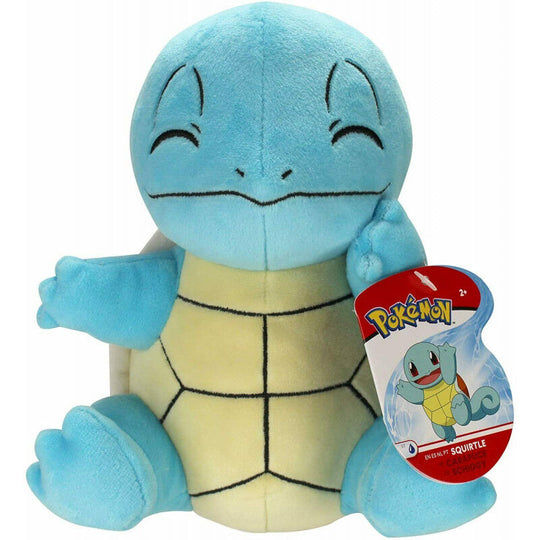 Peluche Carapuce Pokémon bleue de 20cm, vue de face, fabriquée par JAZWARES, parfaite pour collection ou jeu.