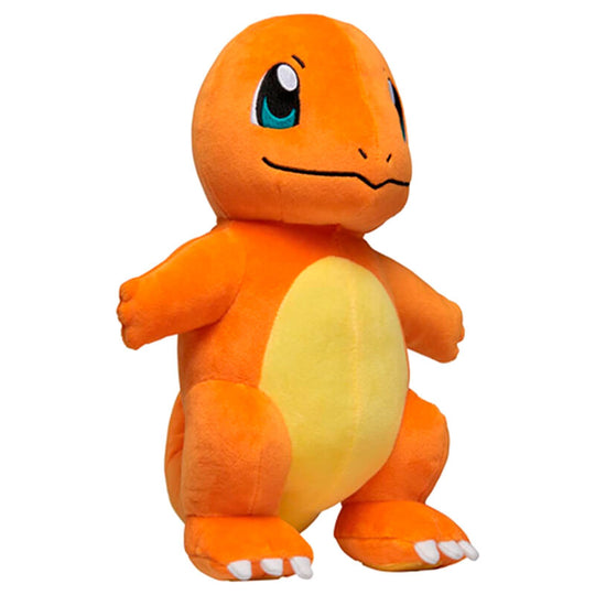Peluche Salamèche Pokémon 26 cm en position assise, montrant la texture douce et les finitions soignées du produit officiel.