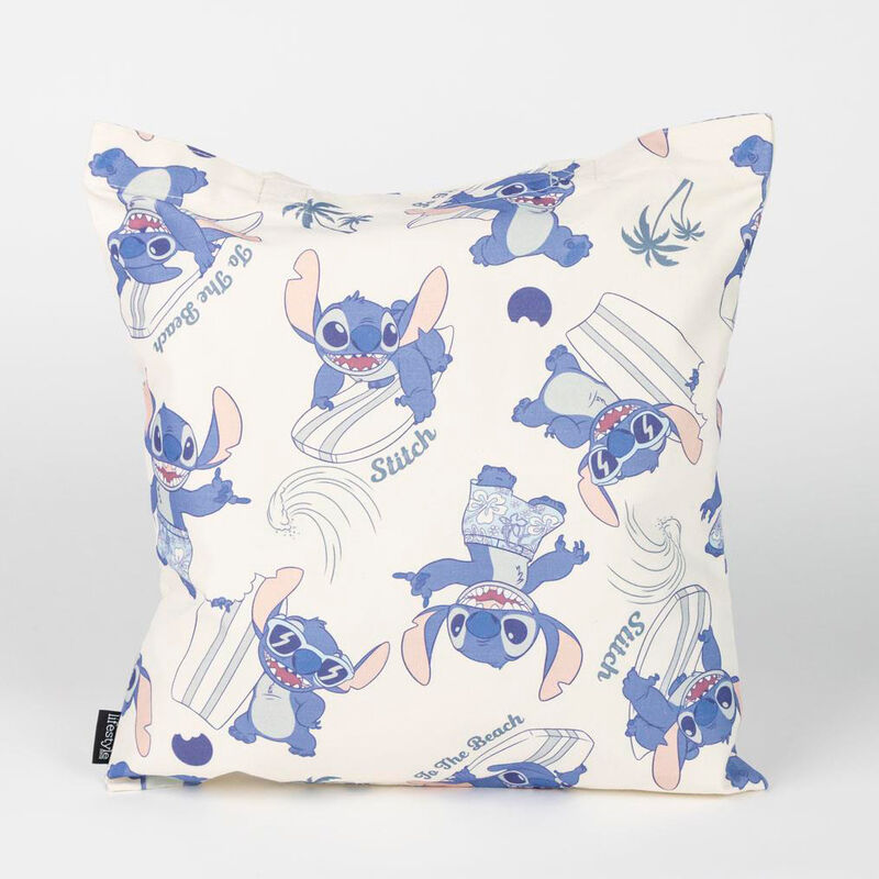 Détail du tissu en polyester et coton du sac shopping Disney Stitch avec ses dimensions affichées.