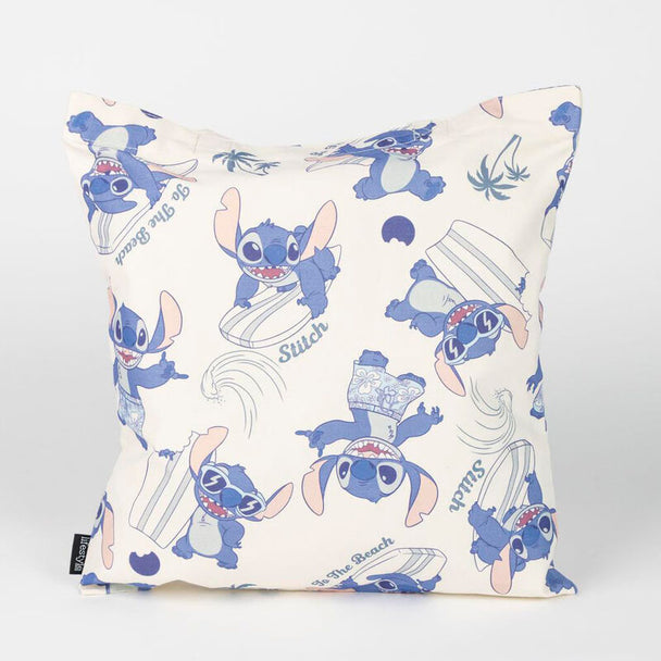 Détail du tissu en polyester et coton du sac shopping Disney Stitch avec ses dimensions affichées.