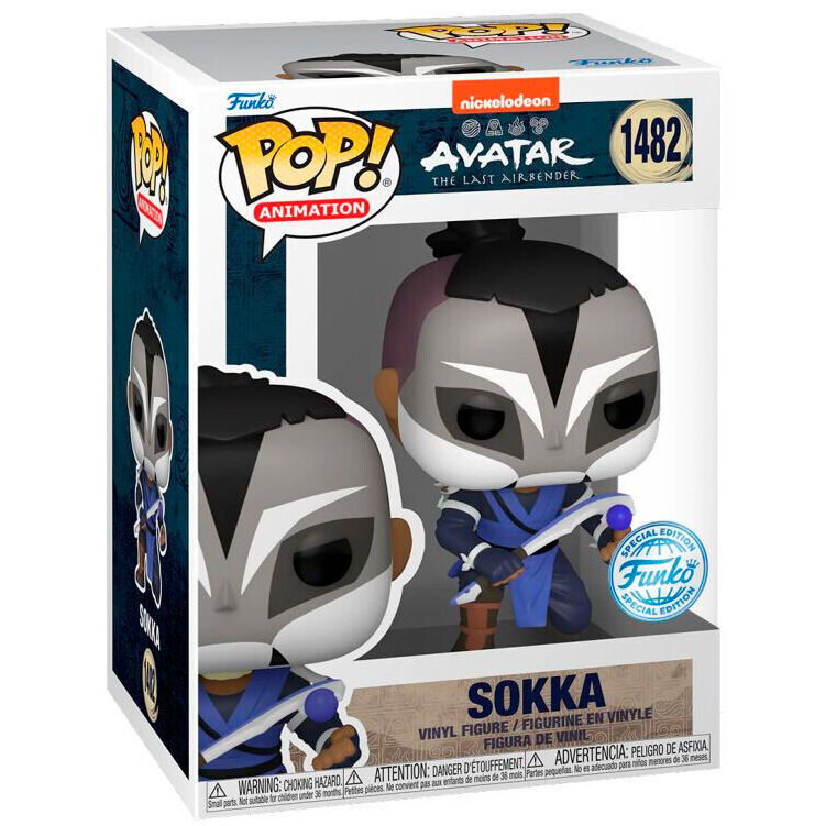 Vue rapprochée de la figurine Funko POP exclusive de Sokka, personnage d'Avatar The Last Airbender, exposée dans sa boîte vitrée