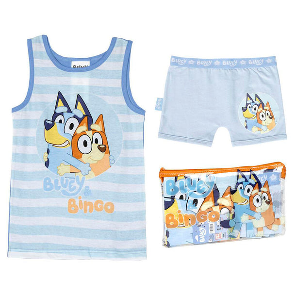 Pyjama Bluey pour enfant en coton 100%, disponible en plusieurs tailles, présenté sur fond blanc