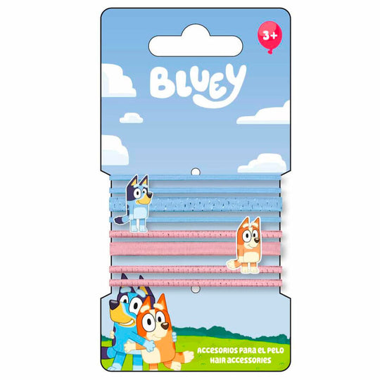 Lot de 8 chouchous Bluey CERDÁ colorés, présentés sur fond blanc avec détails visibles.