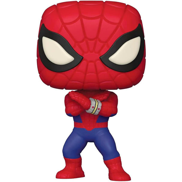 Figurine Funko POP Spiderman Marvel exclusive de 9 cm dans sa boîte vitrine transparente, vue de face