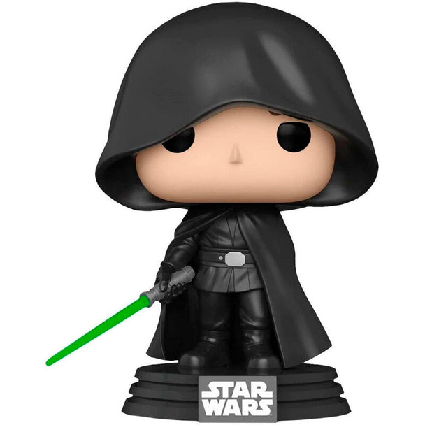 Figurine Funko POP exclusive de Luke Skywalker dans la série Star Wars Mandalorian, présentée dans sa boîte vitrine transparente de 9 cm.