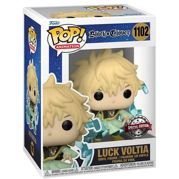 Figurine Funko POP de Luck Voltia de Black Clover en vinyle, hauteur 9 cm, présentée dans sa boîte vitrine exclusive