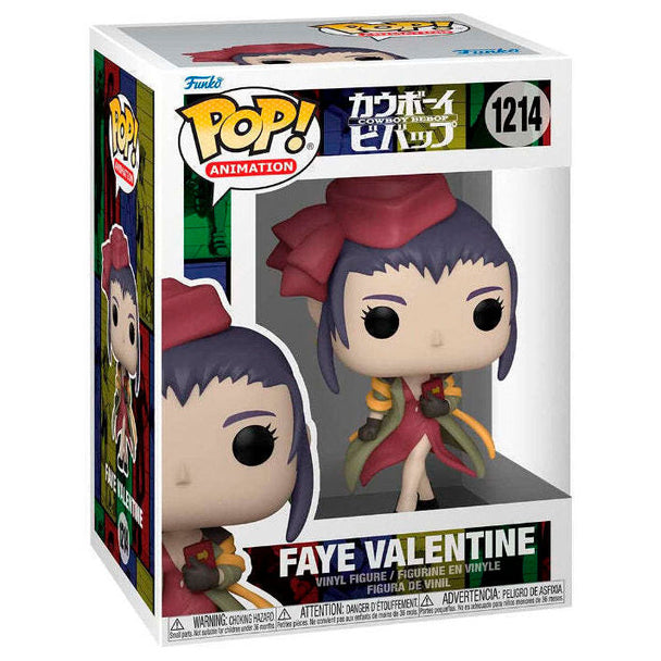 Figurine Funko POP de Faye Valentine de Cowboy Bebop en vinyle, visible dans sa boîte vitrine de 9 cm