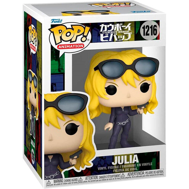 Vue rapprochée de la figurine Funko POP Julia Cowboy Bebop montrant les détails du visage et costume