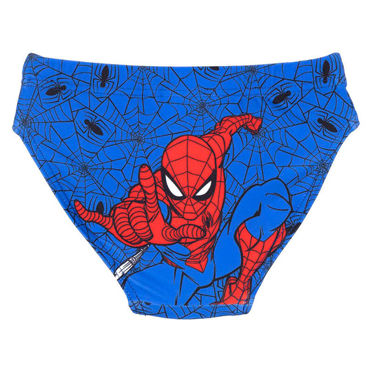 Vue de face du slip de bain Spiderman Marvel montrant le motif du super-héros rouge et bleu