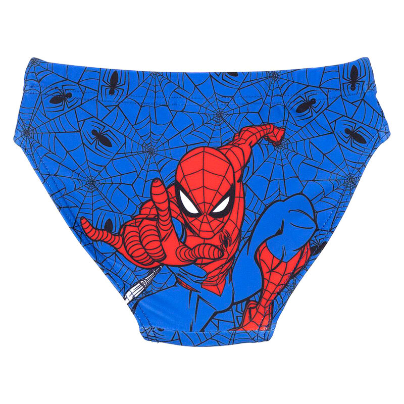 Vue de face du slip de bain Spiderman Marvel montrant le motif du super-héros rouge et bleu