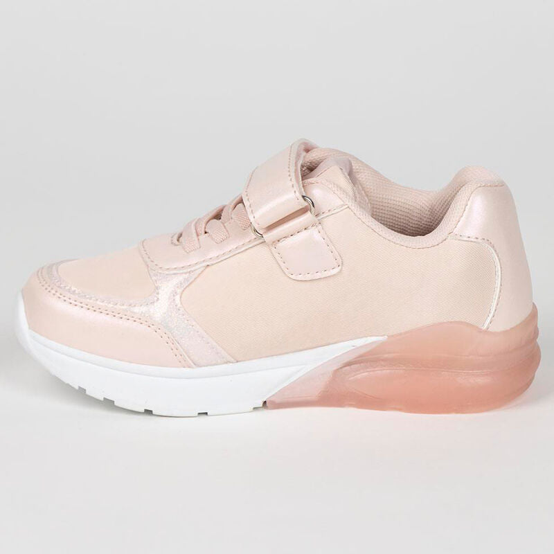 Vue rapprochée des baskets lumineuses Minnie Disney CERDÁ montrant les matériaux PU, polyester et PVC ainsi que la semelle antidérapante