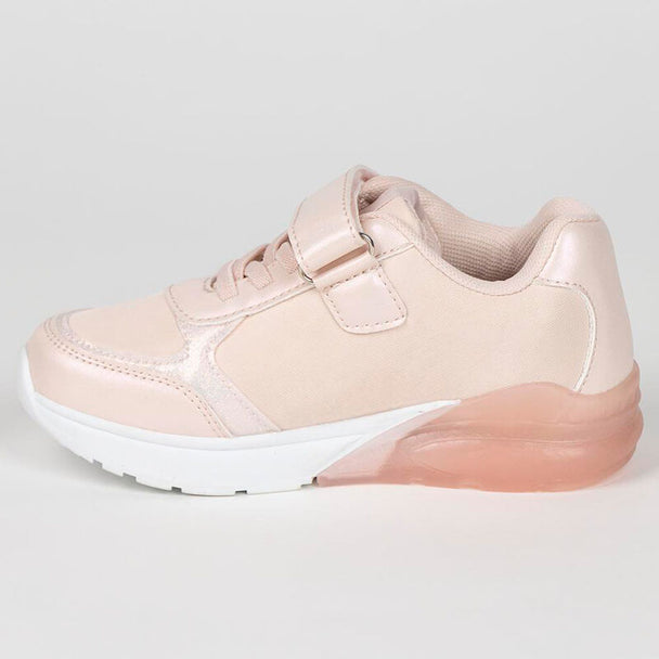Vue rapprochée des baskets lumineuses Minnie Disney CERDÁ montrant les matériaux PU, polyester et PVC ainsi que la semelle antidérapante