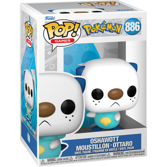 Packaging de la figurine Funko POP Pokémon Oshawott montrant le design coloré et le logo officiel
