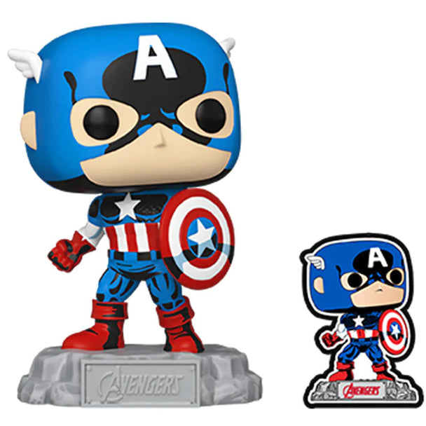Packaging de la figurine Funko POP Captain America Avengers avec design exclusif et boîte vitrine
