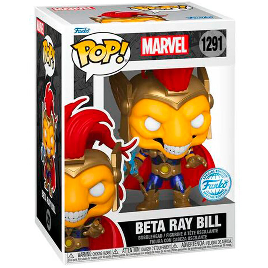 Vue rapprochée de la figurine Funko POP Beta Ray Bill Marvel exclusive, montrant les détails du vinyle