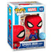 Détail de la figurine Funko POP Spiderman Marvel exclusive montrant le design et les couleurs vives