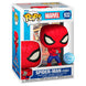 Détail de la figurine Funko POP Spiderman Marvel exclusive montrant le design et les couleurs vives