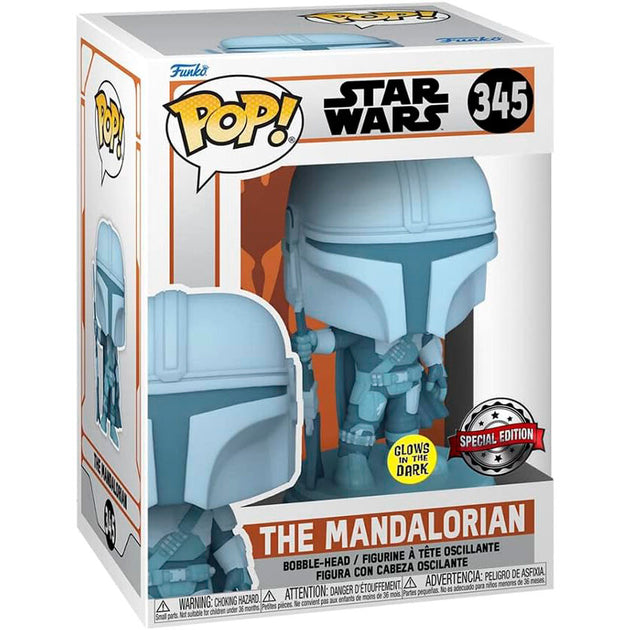 Vue rapprochée de la figurine Funko POP The Mandalorian exclusive montrant les détails et la finition