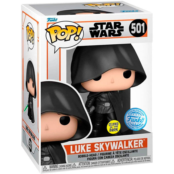Vue rapprochée de la figurine Funko POP Luke Skywalker exclusive Mandalorian, montrant les détails précis du vinyle et la boîte d'origine.