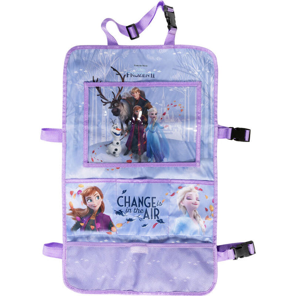Organisateur de voiture Disney Frozen accroché au siège arrière avec plusieurs poches visibles