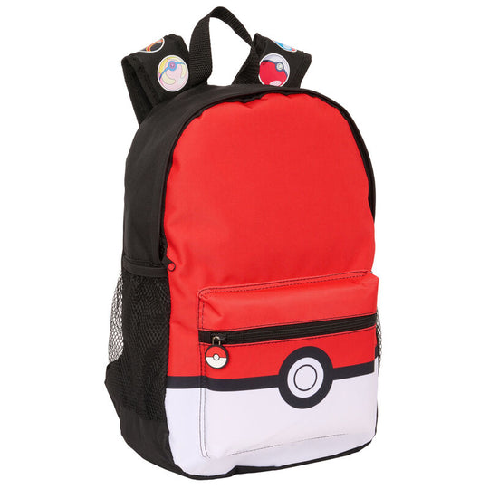 Sac à dos Pokémon Pokéball SAFTA 40cm vu de face avec poche avant zippée et design Pokéball rouge et blanc