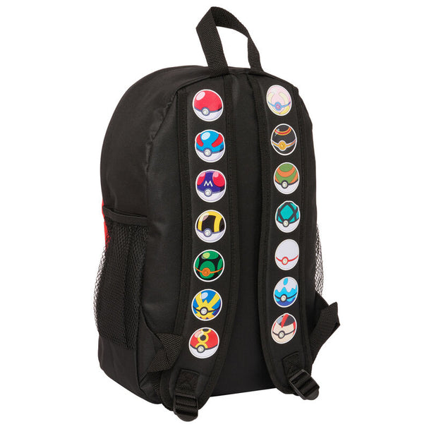 Vue latérale du sac à dos Pokémon Pokéball avec poches latérales pour bouteilles et bretelles rembourrées confortables