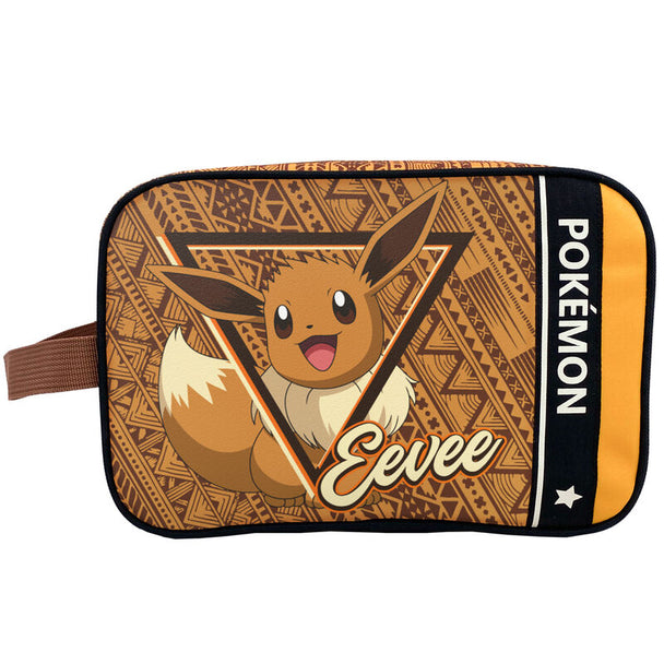 Trousse de toilette Pokémon Eevee de marque CYP BRANDS avec poignée pokéball visible sur fond blanc