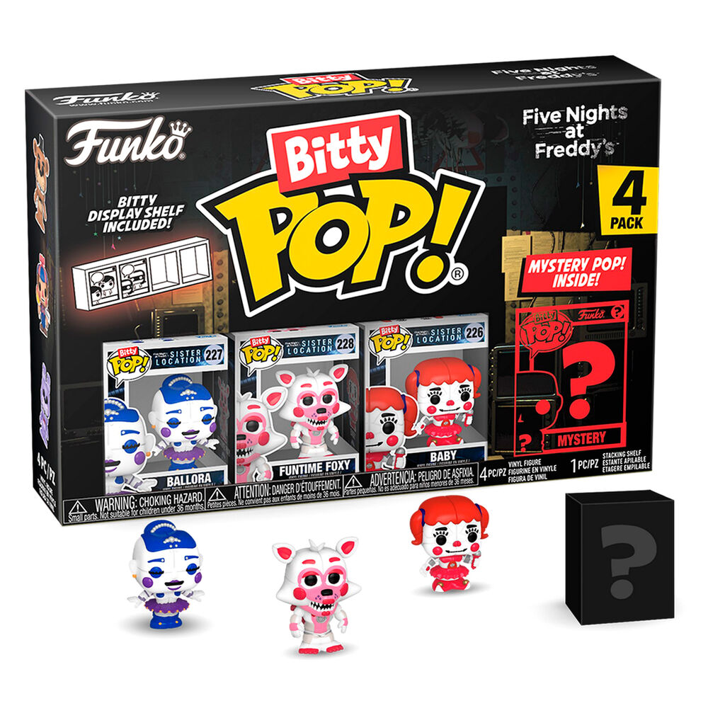 Vue rapprochée des figurines Bitty POP Five Nights at Freddy's Ballora avec socles détachables et détails colorés