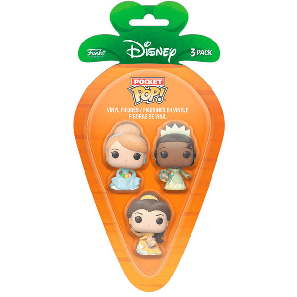 Pack blister Funko POP Carrot Pocket avec 3 figurines Disney Princess : Cendrillon, Tiana et Belle, présentées côte à côte
