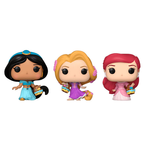 Lot de 3 figurines Funko POP Disney Princess sous blister avec Rapunzel, Ariel et Jasmin visibles de face