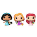 Lot de 3 figurines Funko POP Disney Princess sous blister avec Rapunzel, Ariel et Jasmin visibles de face