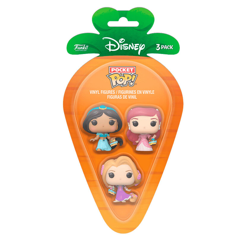 Vue rapprochée des figurines Funko POP Disney Princess Rapunzel, Ariel et Jasmin dans leur emballage Carrot Pocket