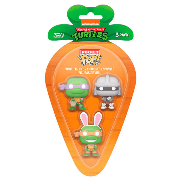 Blister Funko Carrot Pocket POP avec figurines Tortues Ninja Donatello, Shredder et Michelangelo visibles de face