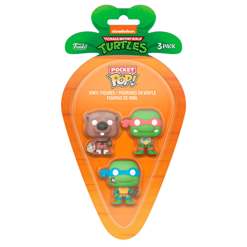 Vue rapprochée du blister Funko Pop Carrot Pocket avec les figurines Splinter, Leonardo et Raphael des Ninja Turtles