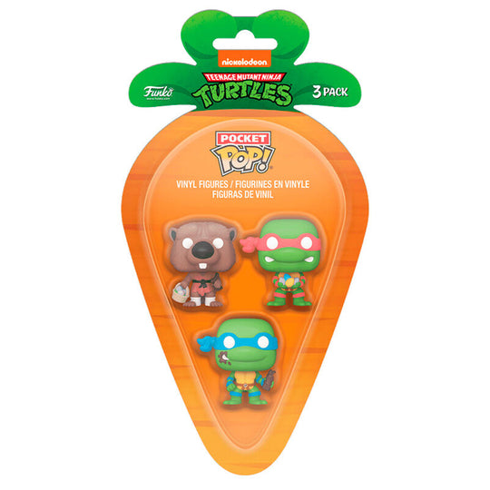 Vue rapprochée du blister Funko Pop Carrot Pocket avec les figurines Splinter, Leonardo et Raphael des Ninja Turtles