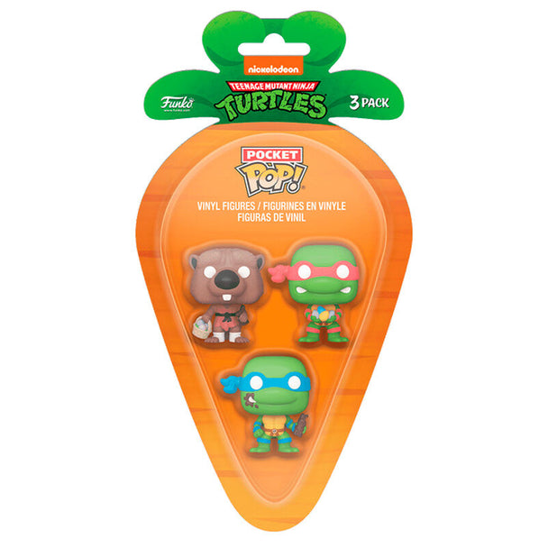 Vue rapprochée du blister Funko Pop Carrot Pocket avec les figurines Splinter, Leonardo et Raphael des Ninja Turtles