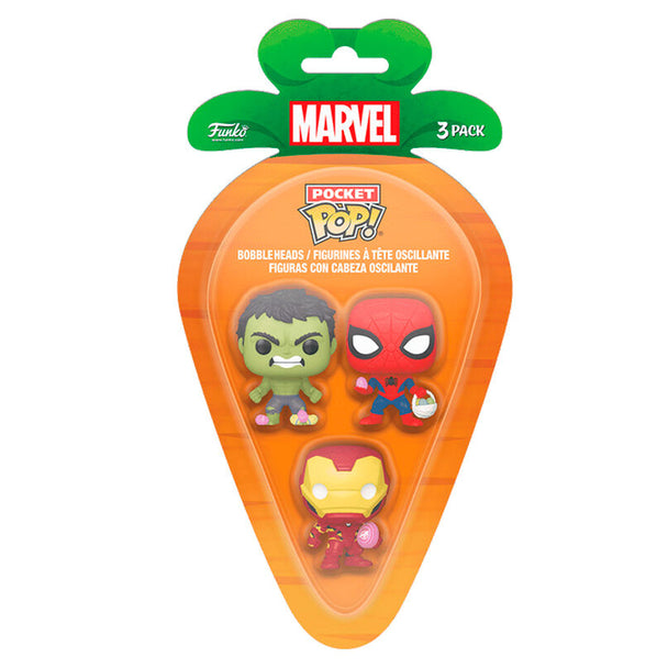 Figurines Funko Pop Marvel Spiderman, Hulk et Iron Man en blister Carrot Pocket, vue avant
