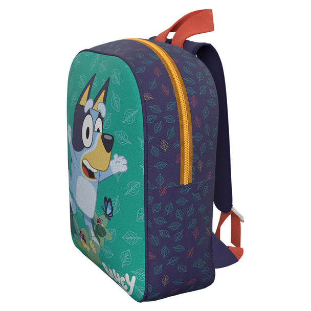 Vue avant du sac à dos Bluey Leaves 30cm avec motif feuilles colorées et bretelles ajustables