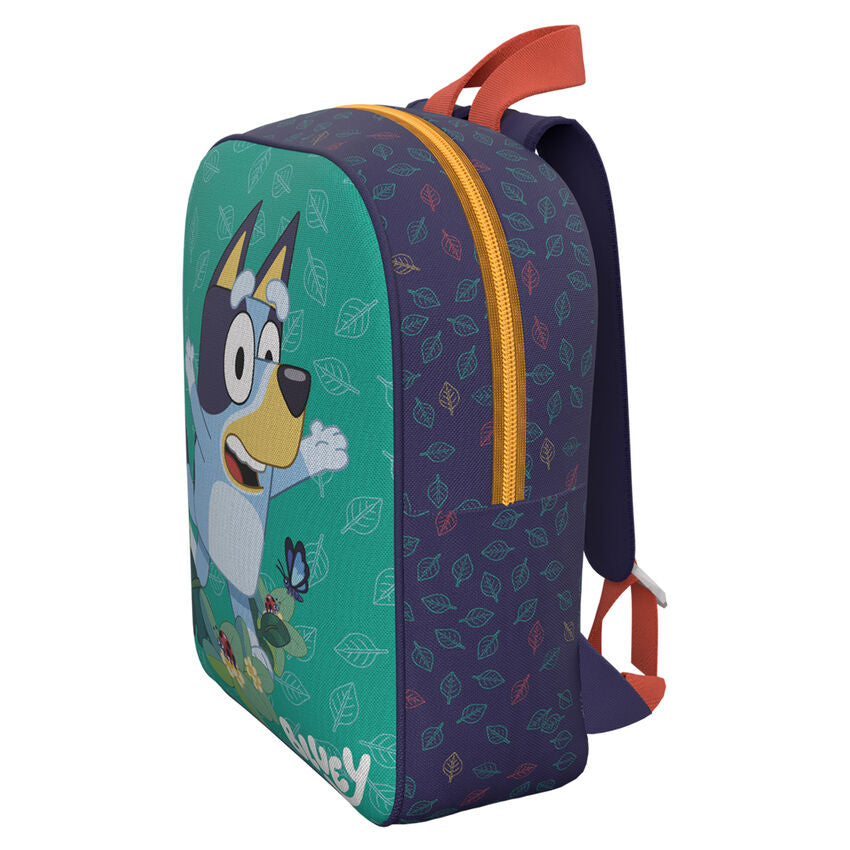 Vue avant du sac à dos Bluey Leaves 30cm avec motif feuilles colorées et bretelles ajustables