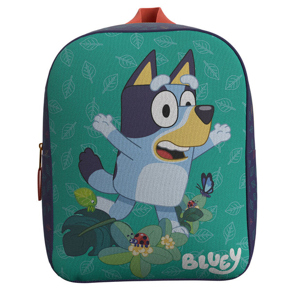 Vue latérale du sac à dos Bluey Leaves montrant sa taille compacte et ses compartiments pratiques
