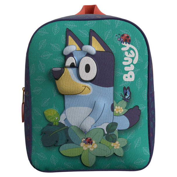 Sac à dos 3D Bluey Leaves de 30 cm avec design coloré et motifs feuilles, vue de face.