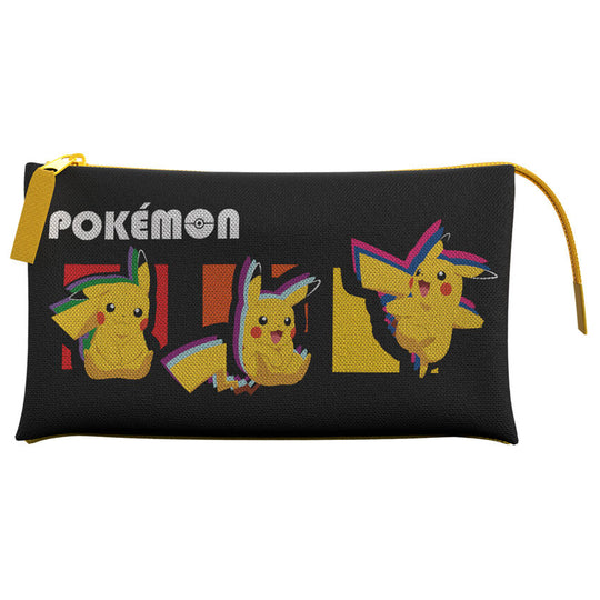 Intérieur de la trousse triple Pokémon montrant les trois compartiments spacieux pour stylos et accessoires