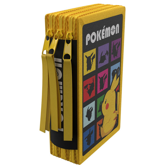 Trousse triple Pokémon ouverte montrant les 39 pièces colorées soigneusement rangées à l'intérieur