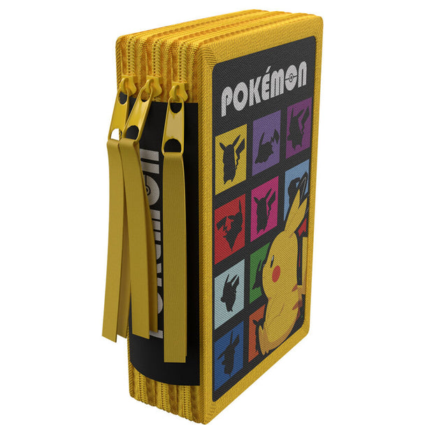 Trousse triple Pokémon ouverte montrant les 39 pièces colorées soigneusement rangées à l'intérieur