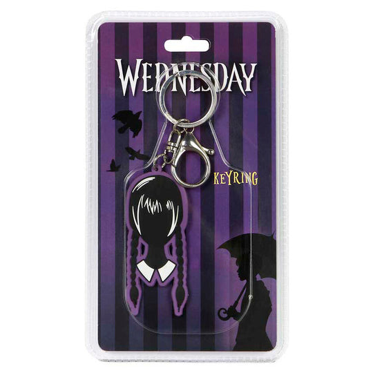 Vue rapprochée du porte-clés tête de Wednesday Addams signé KARACTERMANIA avec détails précis et finition soignée