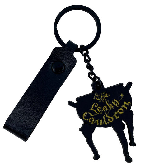 Porte-clés métal Harry Potter Leaky Cauldron avec sangle en cuir, dimensions 6,5x1x12cm, design officiel CYP BRANDS.